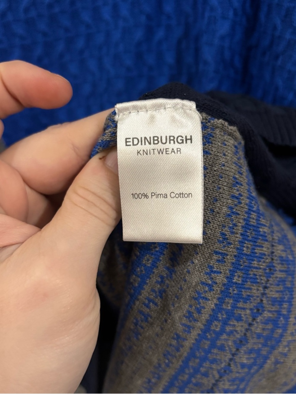 Edinburgh Knitwear Color block Cable Knit Blue and Gray 100% Pima Cotton Sweater - Picture 5 of 6
